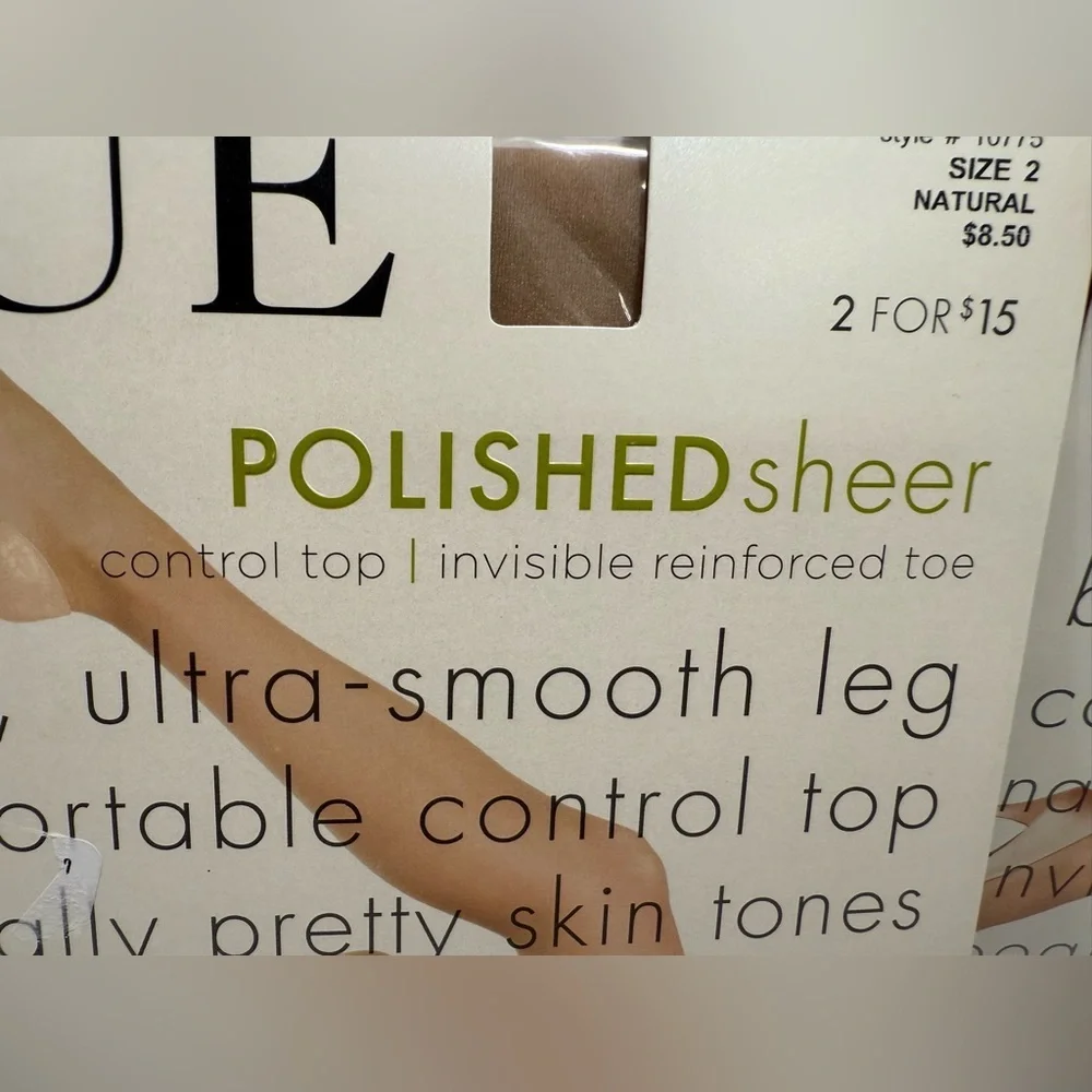 HUE Pantyhose 3 Pack Polished Sheer & So Silky Natural Size 2 Control Top Sheer